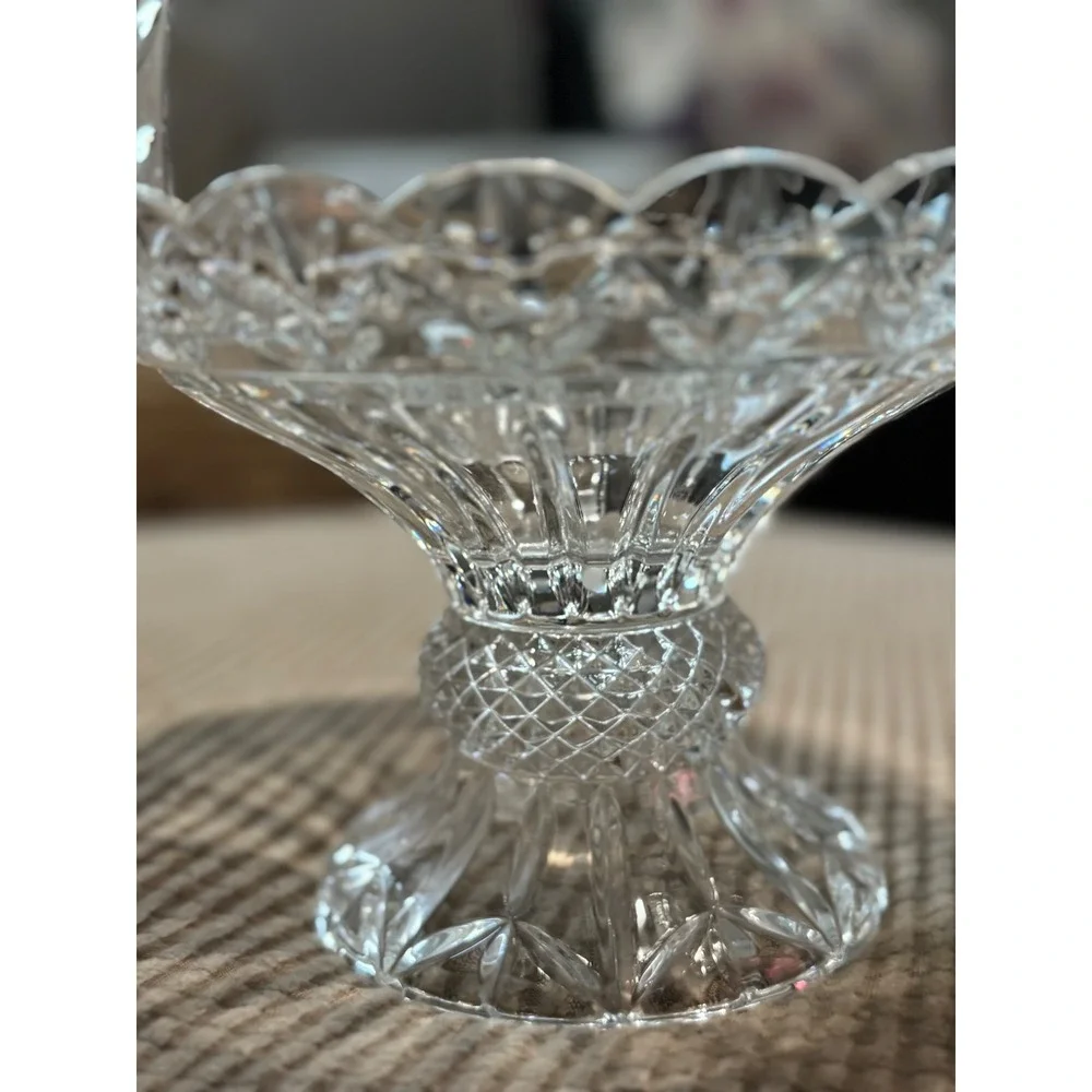 Vintage Cut Crystal Glass Pedestal Basket Scalloped Rim Etched Handle 12in